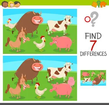 Differences game with farm animals Cartoon Illustration of Finding Seven D... 写真素材