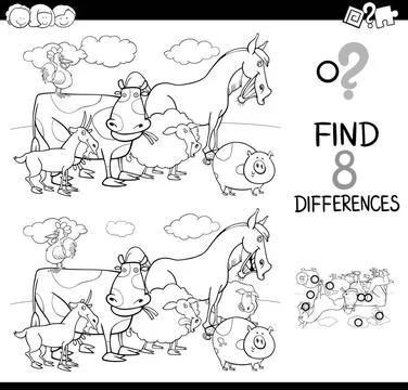 Differences game with farm animals color book Black and White Cartoon Illu... Stock Photos