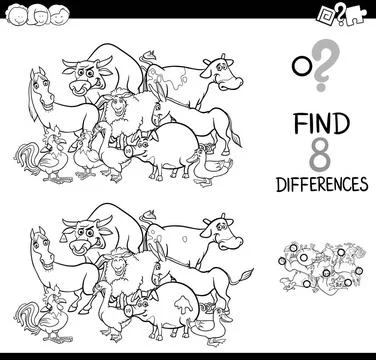 Differences game with farm animals for coloring Black and White Cartoon Il... Stock Photos