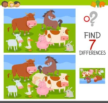 Differences game with farm animals group Cartoon Illustration of Finding S... 스톡 사진
