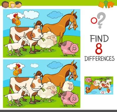 Differences game with farm animals group Cartoon Illustration of Finding D... 写真素材
