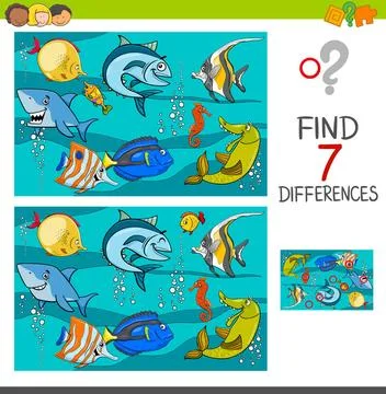 Differences game with fish characters Cartoon Illustration of Finding Diff... 스톡 사진