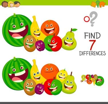 Differences game with fruit characters Cartoon Illustration of Finding Sev... Foto stock