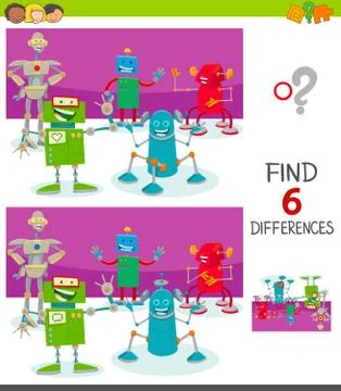 Differences game with funny cartoon robots Stock Illustration