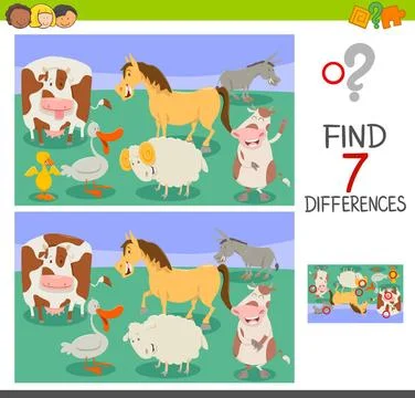 Differences game with funny farm animals Cartoon Illustration of Finding S... 스톡 사진
