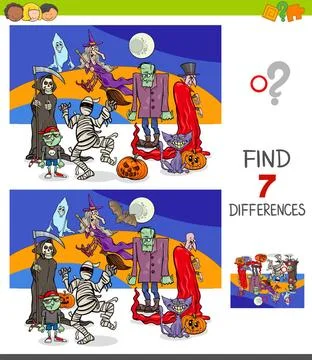 Differences game with funny Halloween characters Cartoon Illustration of F... Stock Photos