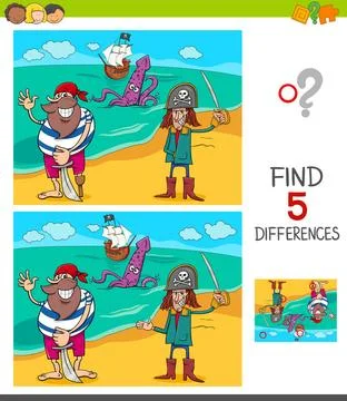 Differences game with funny pirates Cartoon Illustration of Finding Five D... 스톡 사진