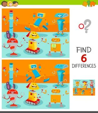 Differences game with happy cartoon robots Stock Illustration