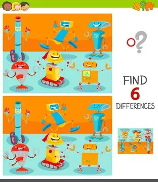 Differences game with happy cartoon robots Cartoon Illustration of Finding... 스톡 사진