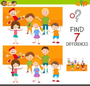 Differences game with kid characters Cartoon Illustration of Finding Seven... Stock Photos