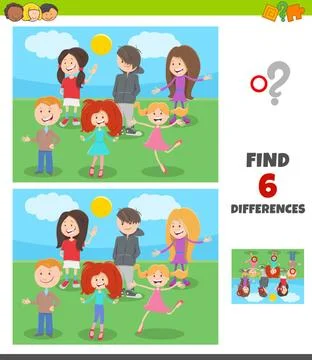Differences game with kids and teens characters group Cartoon Illustration... Stock Photos