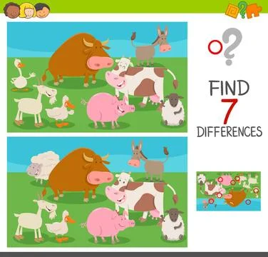 Differences game for kids with farm animals Cartoon Illustration of Findin... Stock Photos