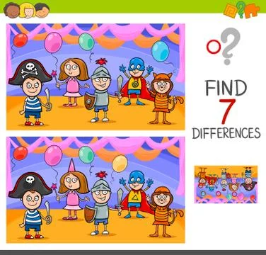Differences game with kids on masked ball Stock Illustration