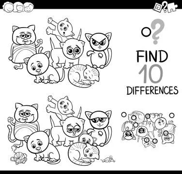 Differences game with kittens Black and White Cartoon Illustration of Find... Stock Photos