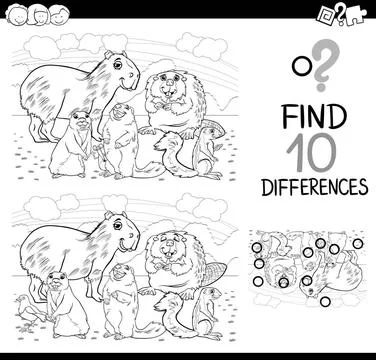 Differences game with mammals Black and White Cartoon Illustration of Find... Stock Photos
