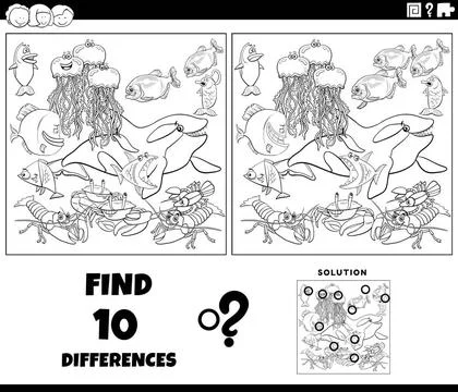 Differences game with marine animals coloring page Black and white cartoon... Stock Photos