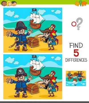 Differences game with pirate characters Cartoon Illustration of Finding Fi... 写真素材
