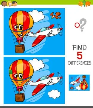 Differences game with plane and balloon Cartoon Illustration of Finding Fi... Foto stock