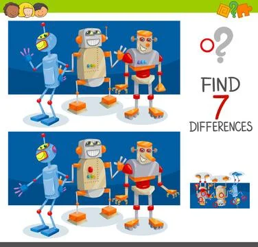 Differences game with robot characters Cartoon Illustration of Finding Sev... Foto stock