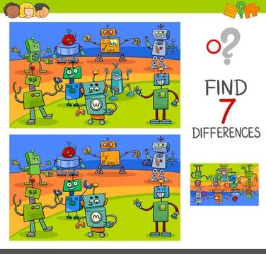 Differences game with robot characters Cartoon Illustration of Finding Dif... Stock Photos