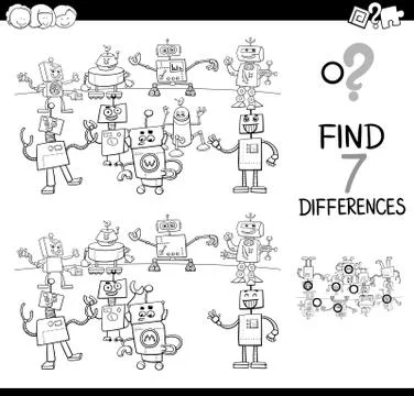Differences game with robots color book Stock Illustration