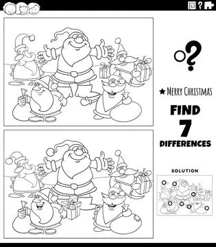 Differences game with Santa characters coloring book page Stock Illustration