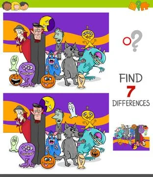 Differences game with scary Halloween characters Cartoon Illustration of F... Foto stock