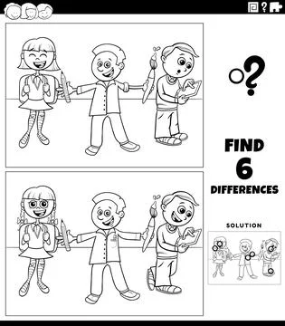 Differences game with school students coloring book page Stock Illustration