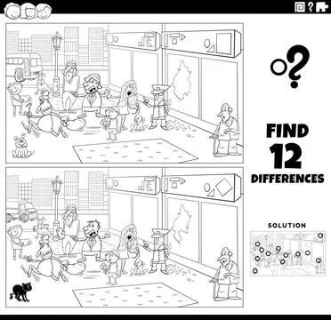 Differences game with situation in the city coloring page Black and white ... Stock Photos