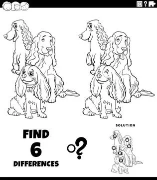 Differences game with spaniel dogs coloring book page Stock Illustration