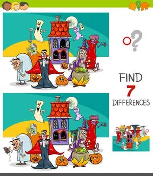 Differences game with spooky Halloween characters Cartoon Illustration of ... Stock Photos