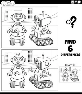 Differences game with two cartoon robots coloring book page Stock Illustration