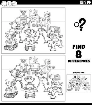 Differences game with two cartoon robots coloring book page Stock Illustration