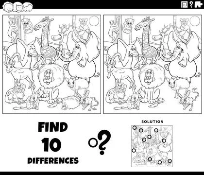 Differences game with wild animals coloring page Black and white cartoon i... Stock Photos