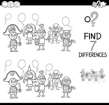 Differences with kid masked ball color book Black and White Cartoon Illust... Foto stock