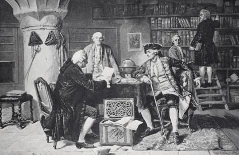 Differences of opinion, Scholars in a historical library reading and discussing Stock Illustration