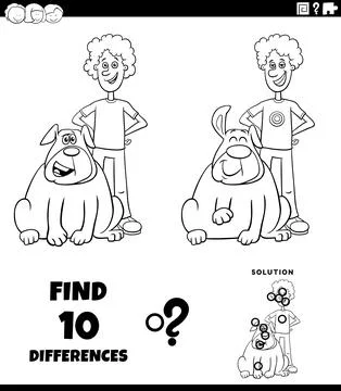 Differences puzzle activity with happy cartoon boy and his dog coloring page Stock Illustration