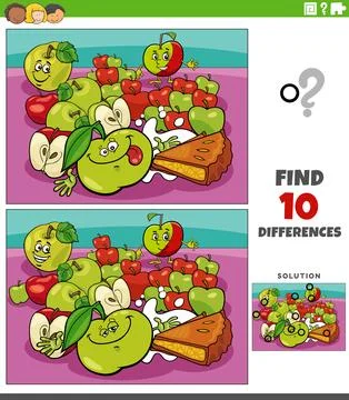 Differences puzzle with cartoon apple fruit characters and apple pie Stock Illustration