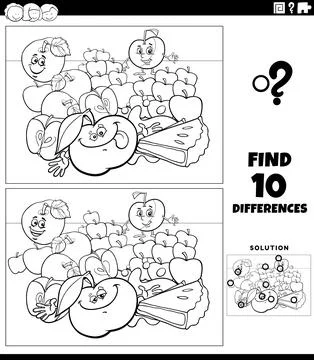 Differences puzzle with cartoon apple fruit characters and apple pie colori.. Stock Illustration