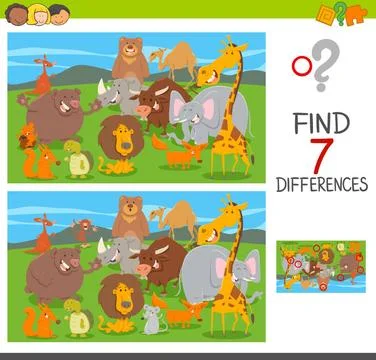Differences puzzle game with animal characters Cartoon Illustration of Fin... Stock Photos