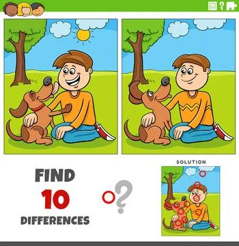 Differences puzzle game with cartoon boy and his puppy Stock Illustration