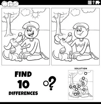 Differences puzzle game with cartoon boy and his puppy coloring page Stock Illustration