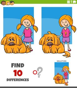 Differences puzzle game with cute cartoon girl and her dog Stock Illustration