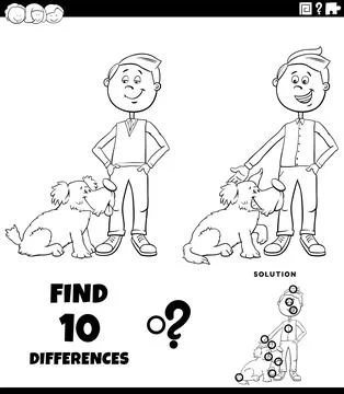 Differences puzzle game with cute cartoon boy and his dog coloring page Stock Illustration