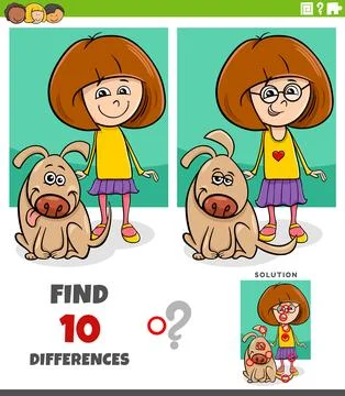 Differences puzzle game with cute cartoon girl and her dog Stock Illustration