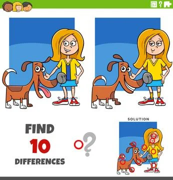 Differences puzzle game with cute cartoon girl and her dog Stock Illustration