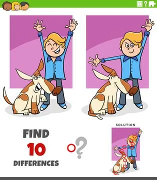 Differences puzzle game with cute cartoon boy and his dog Stock Illustration