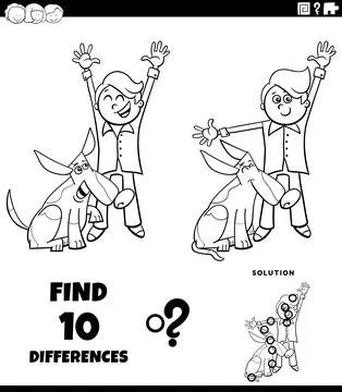 Differences puzzle game with cute cartoon boy and his dog coloring page Stock Illustration
