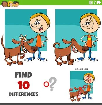 Differences puzzle game with cute cartoon boy and his dog Stock Illustration