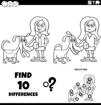 Differences puzzle game with cute cartoon girl and her dog coloring page Stock Illustration